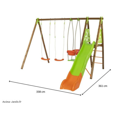 Portique Zambo, bois/métal, 2,30 m, 3 agrès + 1 toboggan