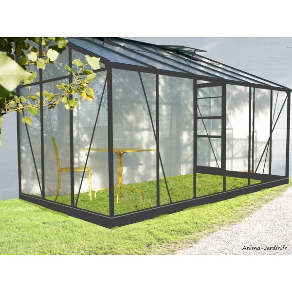 Serre de jardin adossé en aluminium laqué, Solarium, 9,6 m², anthracite, verre trempé, avec base, achat, pas cher