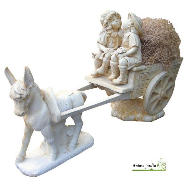 Statue en pierre reconstituée, calèche aux enfants, âne, achat