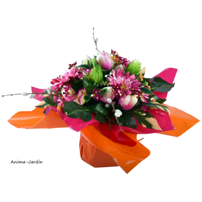 Bouquet Bulle Tulipe, Gerbera & Delphinium, H.34 cm, composition de fleurs, toussaint, rameaux, tergal, achat, pas cher