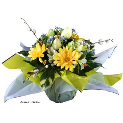 Bouquet Bulle Tulipe, Gerbera & Delphinium, H.34 cm, composition de fleurs, toussaint, rameaux, tergal, achat, pas cher