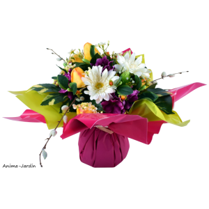 Bouquet Bulle Tulipe, Gerbera & Delphinium, H.34 cm, composition de fleurs, toussaint, rameaux, tergal, achat, pas cher