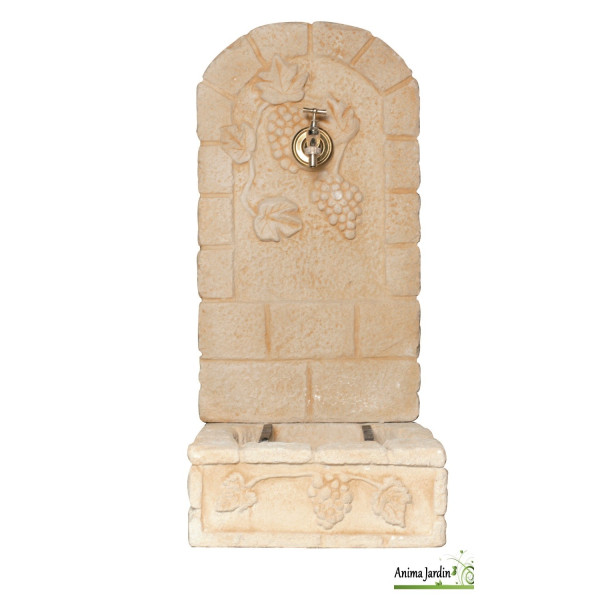 Fontaine murale en pierre reconstituée 92cm, décor Raisins, ton vieilli, achat/vente