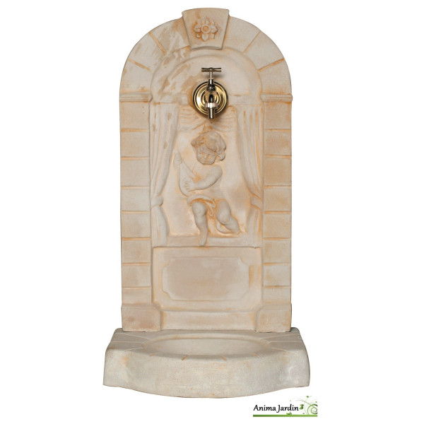 Fontaine murale aux Angelots en pierre reconstituée  82 cm de haut, ton vieilli, achat/vente