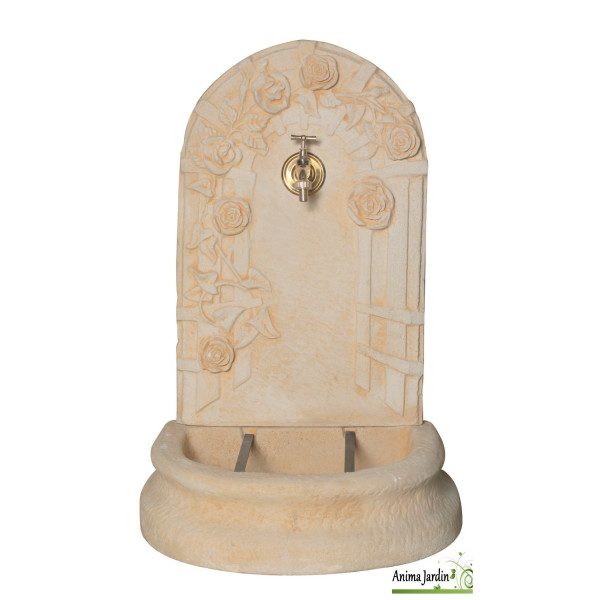 Fontaine murale aux Roses en pierre reconstituée  85 cm de haut, ton vieilli, achat/vente
