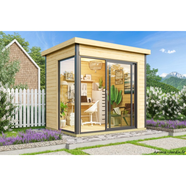 Abri de jardin en bois, DOMEO Mini+, 4,61 m², 44 mm, Baie vitrée double vitrage
