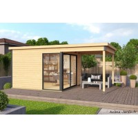 Abri de jardin en bois avec avancée, DOMEO 2 Plus, 8,48 m², 44 mm, avec baie vitrée double vitrage, moderne, achat