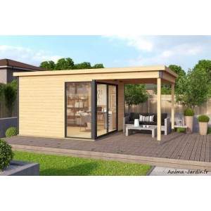 Abri de jardin en bois avec avancée, DOMEO 2 Plus, 8,48 m², 44 mm, avec baie vitrée double vitrage, moderne, achat