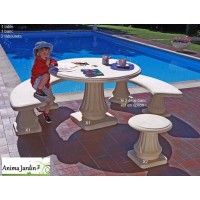 Salon en pierre reconstituée, rond 120cm, 1 banc, 2 tabourets, Grandon  