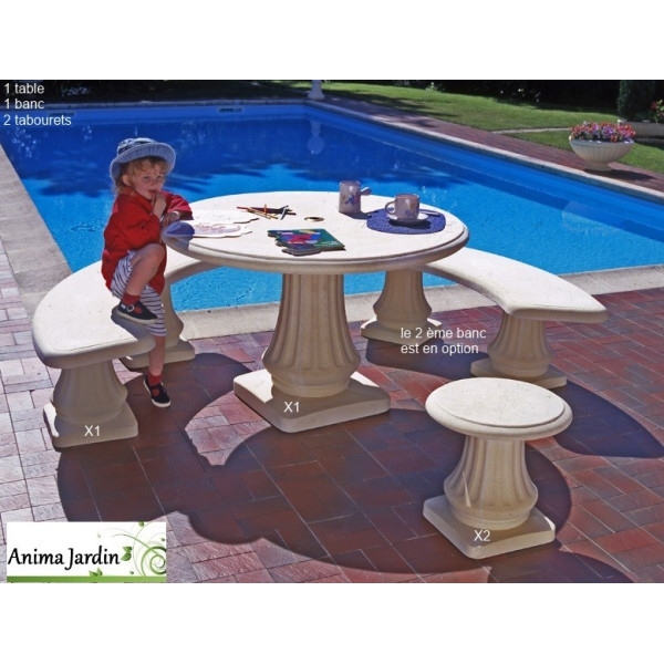 Salon en pierre reconstituée, rond 120cm, 1 banc, 2 tabourets, Grandon  