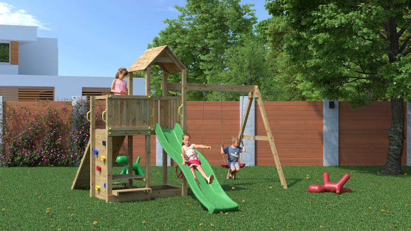 Aire de jeux en bois Floppi - Balançoire double, corde, table et toboggan, Fungoo, Anima-Jardin.fr