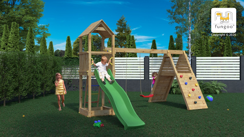 Aire de jeux en bois Fleppi - Balançoire double, corde, rampe et toboggan, Fungoo, Anima-Jardin.fr