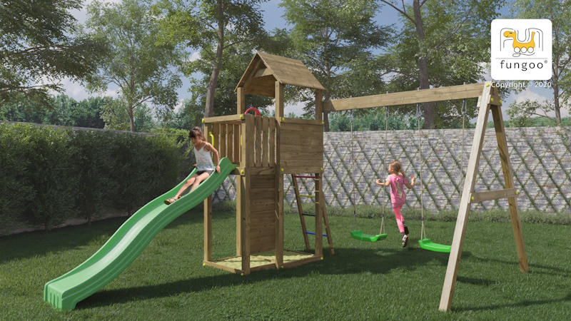 Aire de jeux en bois Jarcas - Balançoire double, maison, bac à sable et toboggan, Fungoo, Anima-Jardin.fr
