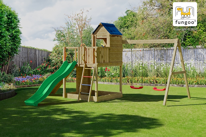 Aire de jeux en bois Treehouse - Balançoire double, maison, rampe et toboggan, Fungoo, Anima-Jardin.fr
