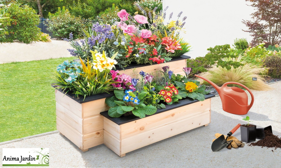 Carré potager en bois margelle, 3 niveaux, Sourcidys, anima jardin.fr