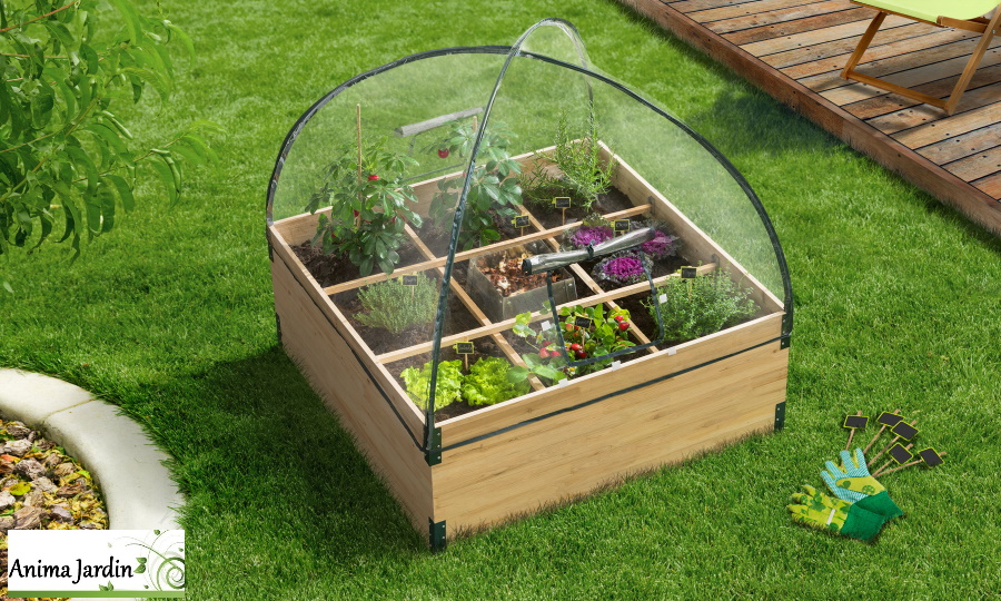 Serre/carré potager avec composteur en bois V2, 9 cases, Sourcidys, anima jardin.fr