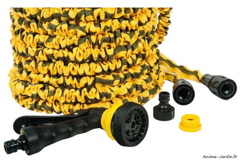 Tuyau extensible-25 m-jaune et noir-avec pistolet 7 fonctions et raccords automatiques-Anima-Jardin.fr