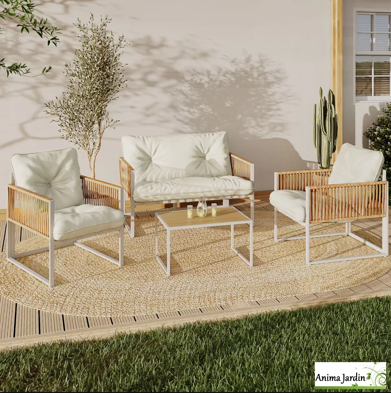 Salon de jardin en acier Ozea-4 personnes-Blanc & Rotin-Anima-Jardin.fr