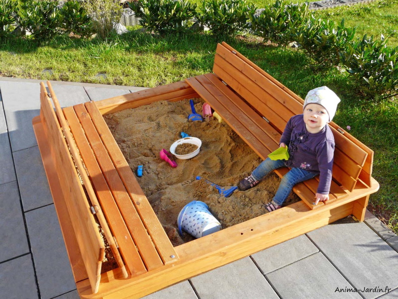 Bac à sable-1 x 1 m-avec banc-couvercle rabattable-jeux pour enfants-Weka-achat-Anima-Jardin.fr