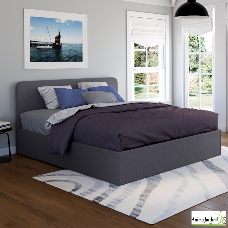 Lit coffre 160x200 cm avec sommier - Tissu gris - Louise