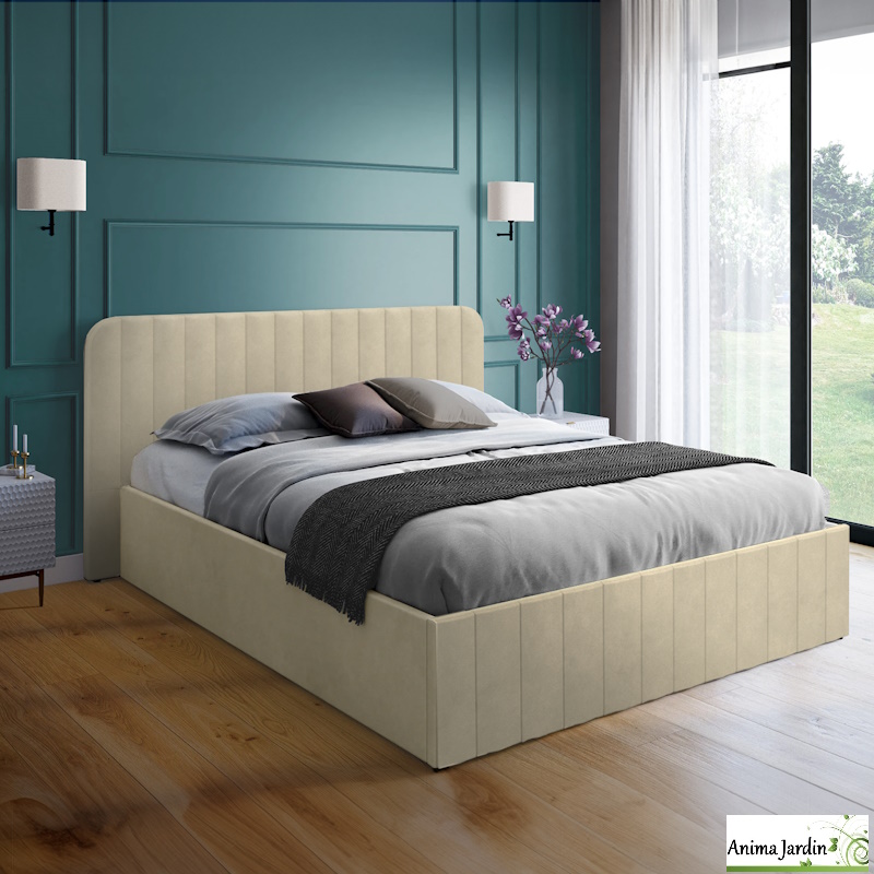 Lit coffre 140x190 cm avec sommier - Velours beige - Valentina