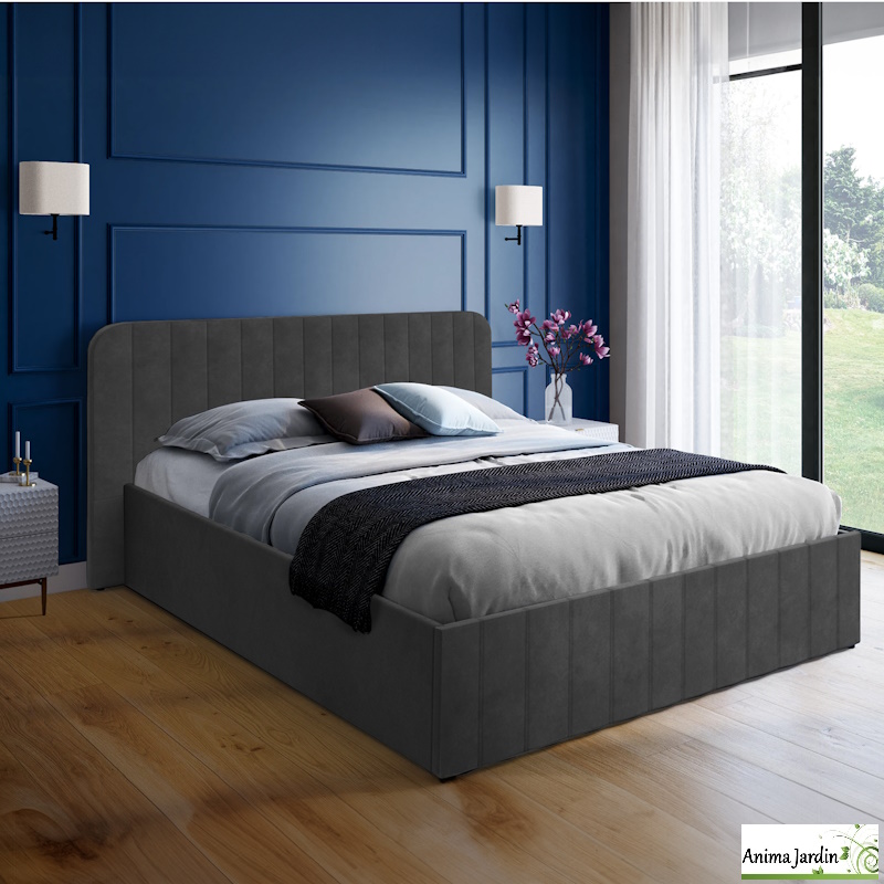 Lit coffre 160x200 cm avec sommier - Velours gris - Valentina, anima jardin