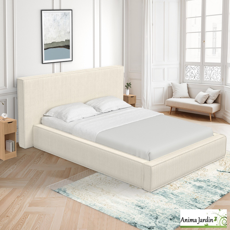 Lit coffre 160x200 cm avec sommier - Velours côtelé beige - Joyce, anima jardin