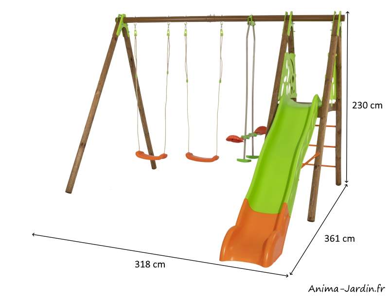 Portique Akeo-bois-métal-2,30m-3 agrès-1toboggan-dimensions-Anima-Jardin.fr