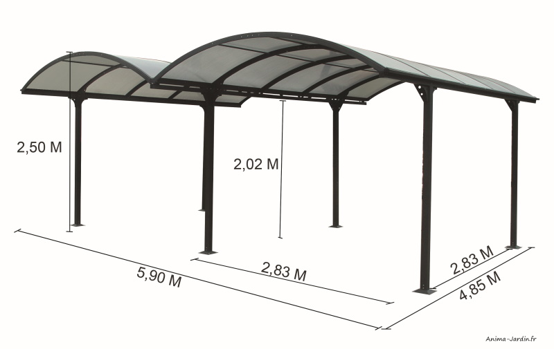 Carport double 28,62m², 2 voitures, aluminium, toit arrondi, pas cher, anima-jardin.fr