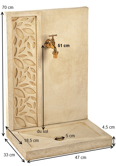Fontaine murale feuille-dimensions-béton ciré-pierre reconstituée-Anima-Jardin.fr