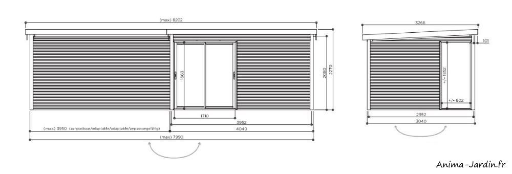 Abri de jardin en bois avec baies vitrées-Tavira-avec grande avancée-28 mm-12 m²-toit plat-dimensions-Solid-Anima-Jardin.fr