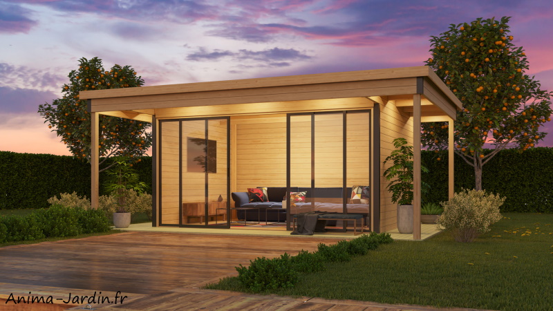Abri de jardin en bois avec avancée-DOMEO 4 Plus-12,82 m²-44 mm-terrasse couverte-moderne-achat